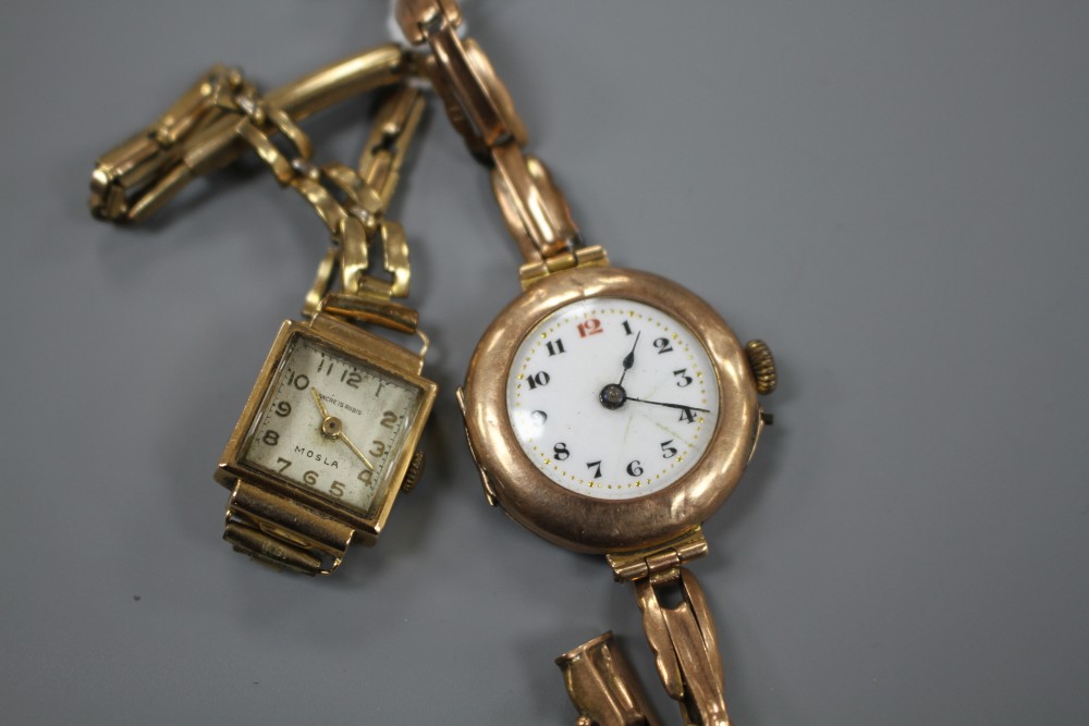 An early 20th century 9ct gold manual wind wrist watch (a.f.) on a 9ct flexible strap and a ladys 18k watch.
